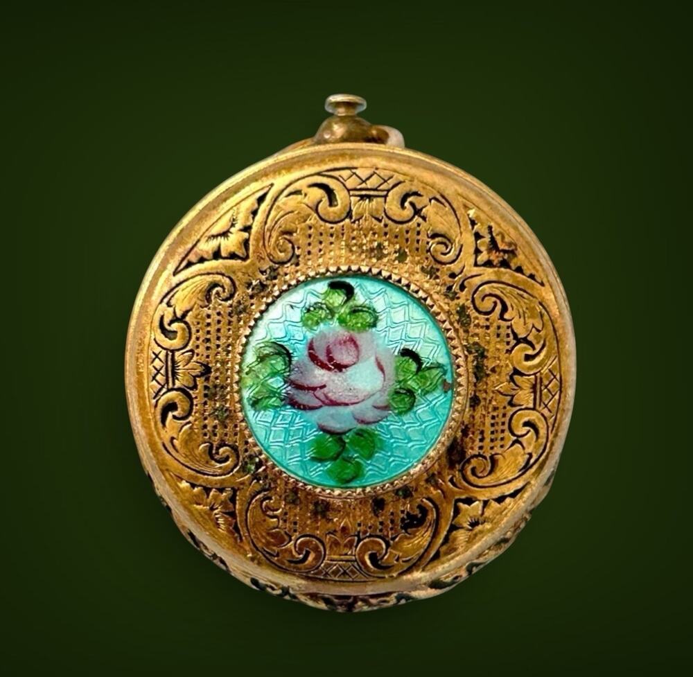 Vintage Coro Locket Pendant Victorian Revival Enamel Floral Guilloche With Photo